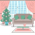 Cute living room interior design with furniture, big window, christmas tree, sofa, pillows, in pink style. Royalty Free Stock Photo