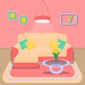 Cute living room interior design with furniture, bookshelf, vase with flowers, books, pictures in pink style. Royalty Free Stock Photo