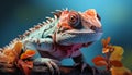 A cute lizard on a branch, its vibrant scales shining generated by AI