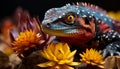 A cute lizard eye focuses on a yellow flower generated by AI Royalty Free Stock Photo