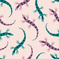 Cute lizards hand drawn vector illustration. Funny colorful salamanders in flat style seamless pattern for kids fabric.