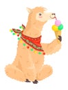 Cute llama alpaca leaking ice-cream vector icon