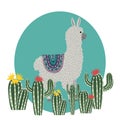 Cute llama with cactuses, template for card and your design. Hand drawing flat doodles vector