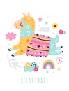 Cute llama card. Funny alpaca jumping with clouds and rainbow. Motivational inscription. Peru animal relaxing in sky Royalty Free Stock Photo