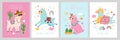 Cute llama cards. Funny alpacas posters, motivational inscriptions phrases, color fluffy animals, cacti and rainbows