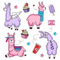 Cute llama characters set with doodles. Unicorn llama. Business