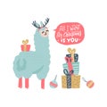 Cute llama Christmas card with lettering inscription - All I want for christmas is you - in speach bubble. New Year greeting card Royalty Free Stock Photo