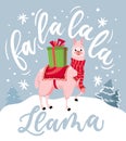 Cute llama Christmas card with lettering inscription