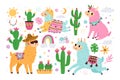 Cute llama elements and cacti. Funny animals with plants, fluffy alpacas with patterned blankets and saddles, peruvian