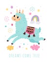 Cute llama greeting card. Funny little alpaca jumping with clouds and rainbow. Motivational inscription. Peru animal Royalty Free Stock Photo