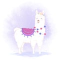 Cute Llama hand drawn cartoon illustration, watercolor background