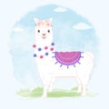 Cute Llama hand drawn cartoon illustration watercolor backgroundon Royalty Free Stock Photo
