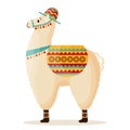 Cute llama in a hat with a saddle, Mexican alpaca. Symbol of Mexico and Peru. Illustration vector