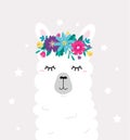 Cute llama head with floral wreath in cartoon style. Lovely alpaca with crown made of flowers vector illustration. Flat character