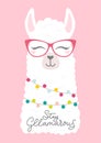 Cute llama head illustration with doodles and lettering inscription