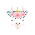 Cute llama head with unicorn horn