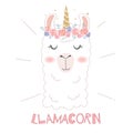 Cute llama head with unicorn horn