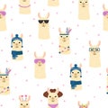 Cute llama heads seamless pattern. Funny alpacas with different accessories on white background