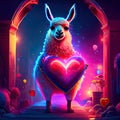 Llama hugging heart Cute llama with heart. Valentines day card. 3D rendering AI generated animal ai Royalty Free Stock Photo