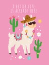 Cute llama. Holiday greeting card. Funny alpaca with cactuses. Motivational inscription. Peru baby animal in sombrero Royalty Free Stock Photo
