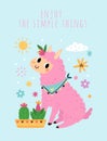 Cute llama. Holiday greeting card. Funny pink alpacas with cactuses. Motivational inscription. Peru baby animal. Happy Royalty Free Stock Photo