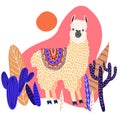 Cute llama with leaves and cactuses, template for card and your design. Hand drawing flat doodles vector