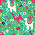 Cute llama seamless pattern with flower