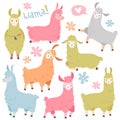 Cute llama set. Baby llamas alpaca, wild lama. Peru camel girl invitation elements cartoon vector set