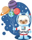 Cute llama in space. Cartoon doodle astronaut llama character vector design. Hand drawn vector illustration with balloon planet