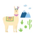 Cute llama standing. Cartoon alpaca, mountains and cactuses. Template for nursery design, poster, stationery, t shirt Royalty Free Stock Photo