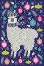 Cute llama surrounded by Christmas tree toys, template for card and your design Royalty Free Stock Photo