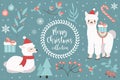 Cute llama in the winter forest set of objects. Collection of design elements with a little alpaca in a hat of Santa Royalty Free Stock Photo