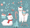 Cute llama in the winter forest set of objects. Collection of design elements with a little alpaca in a hat of Santa Royalty Free Stock Photo