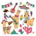 Cute llamas. Funny alpaca animal in mexican clothes with guitar, mountains, cactus and festive flag garland, chile