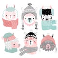Cute Llamas in winter clothes. Childish Alpaca characters