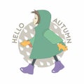 Cute llittle girl walking in the rain. Cartoon illustration.