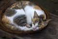 A cute local cat with pink nose sleeping in a pile of rusty wire