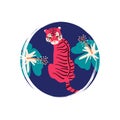 Cute logo or icon vector with tiger and hibiscus flowers on circle with brush texture, for social media story and highlights Royalty Free Stock Photo