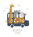 Cute london bus with animals in pastel colors. Lion cub, crocodile, jiraffe, bear illustration for newborn baby Royalty Free Stock Photo