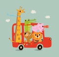 Cute london bus with animals in pastel colors. Lion cub, pigs. crocodile, jiraffe, bear. Vector illustration for newborn Royalty Free Stock Photo