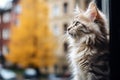 Cute long hair grey cat looking through window on cityscape background