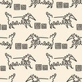 Cute long-haired Dachshund, seamless vector background, line art. Hand drawn animals and doodle elements