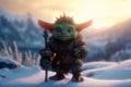 Cute looking orc warrior. Goblin warlord in a snowy landscape. generative ai. Troll warrior in the winter mountains