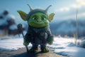 Cute looking orc warrior. Goblin warlord in a snowy landscape. generative ai. Troll warrior in the winter mountains