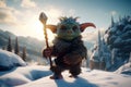 Cute looking orc warrior. Goblin warlord in a snowy landscape. generative ai. Troll warrior in the winter mountains