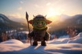 Cute looking orc warrior. Goblin warlord in a snowy landscape. generative ai. Troll warrior in the winter mountains