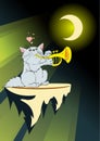 A cute in love cat plays on a trumpet in the moonlight.