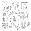 Cute love design elements in hand drawn outline doodle style, simple images for love and St Valentine holiday decor