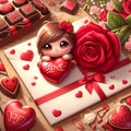 A cute love letter with red rose flower, in a love scene, romantic, chocolate, heart, love sign, a bold painting