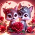 A cute and lovely baby wolf, with red rose flower petals, a heart-shaped in background, whimsical, cartoon Royalty Free Stock Photo